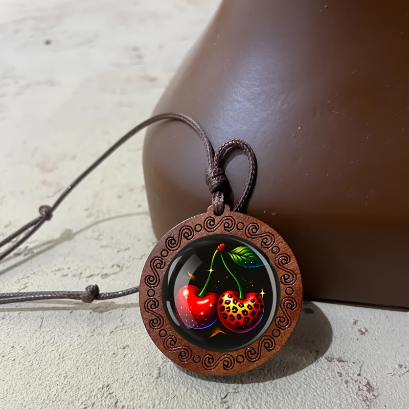 Wood Leopard Print Cherry Necklace, Minimalist Retro Pendant